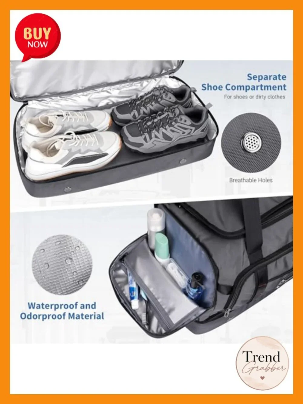 55L Nylon Travel Duffle Bag with Shoe Compartment